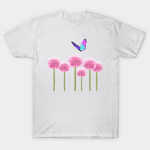 Butterfly flying over allium flowers T-Shirt by Orangerinka